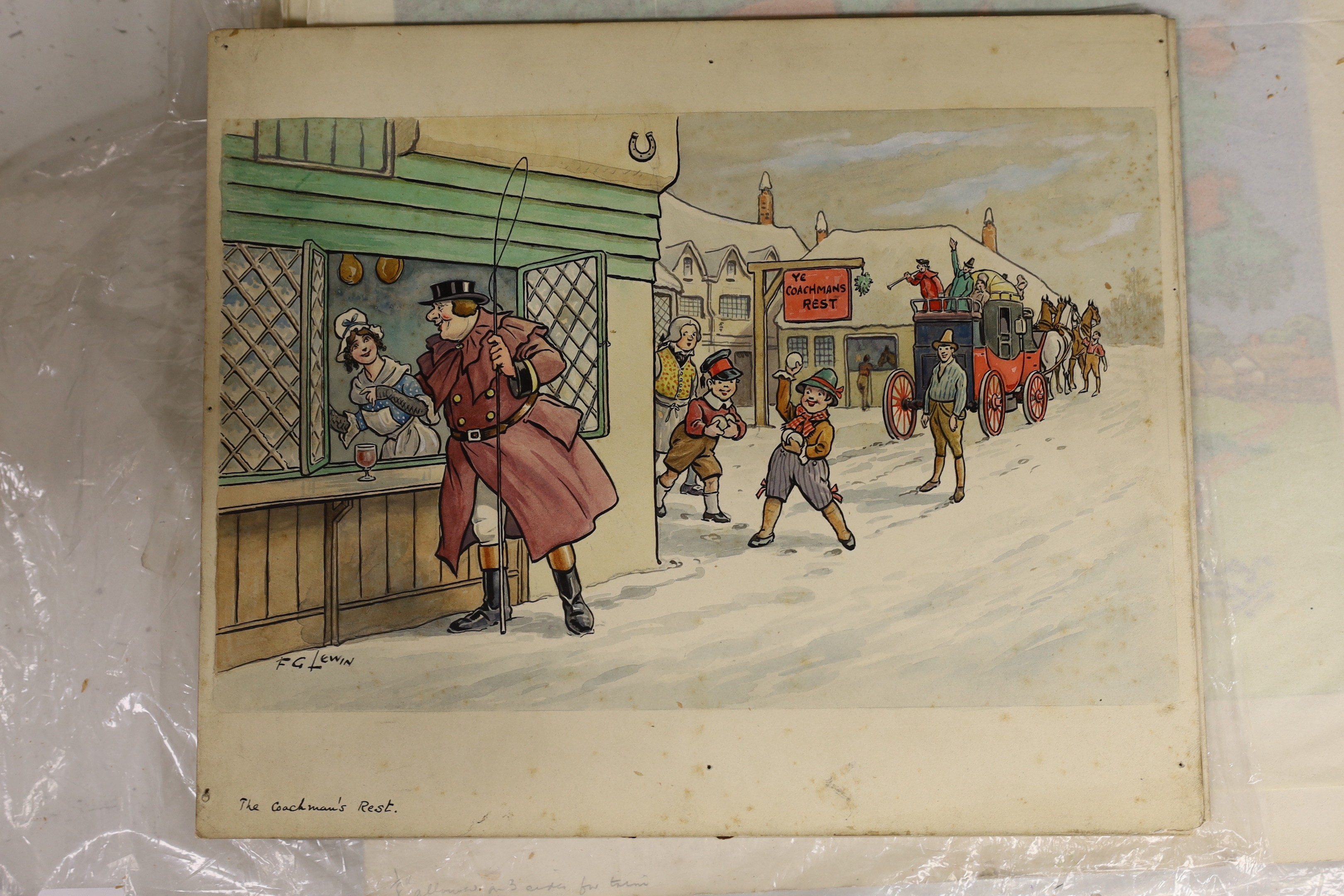 Frederick George Lewin (1861-1933), six ink and watercolour original illustrations, Old Time Christmas Coaching scenes, signed, 20 x 32cm, unframed